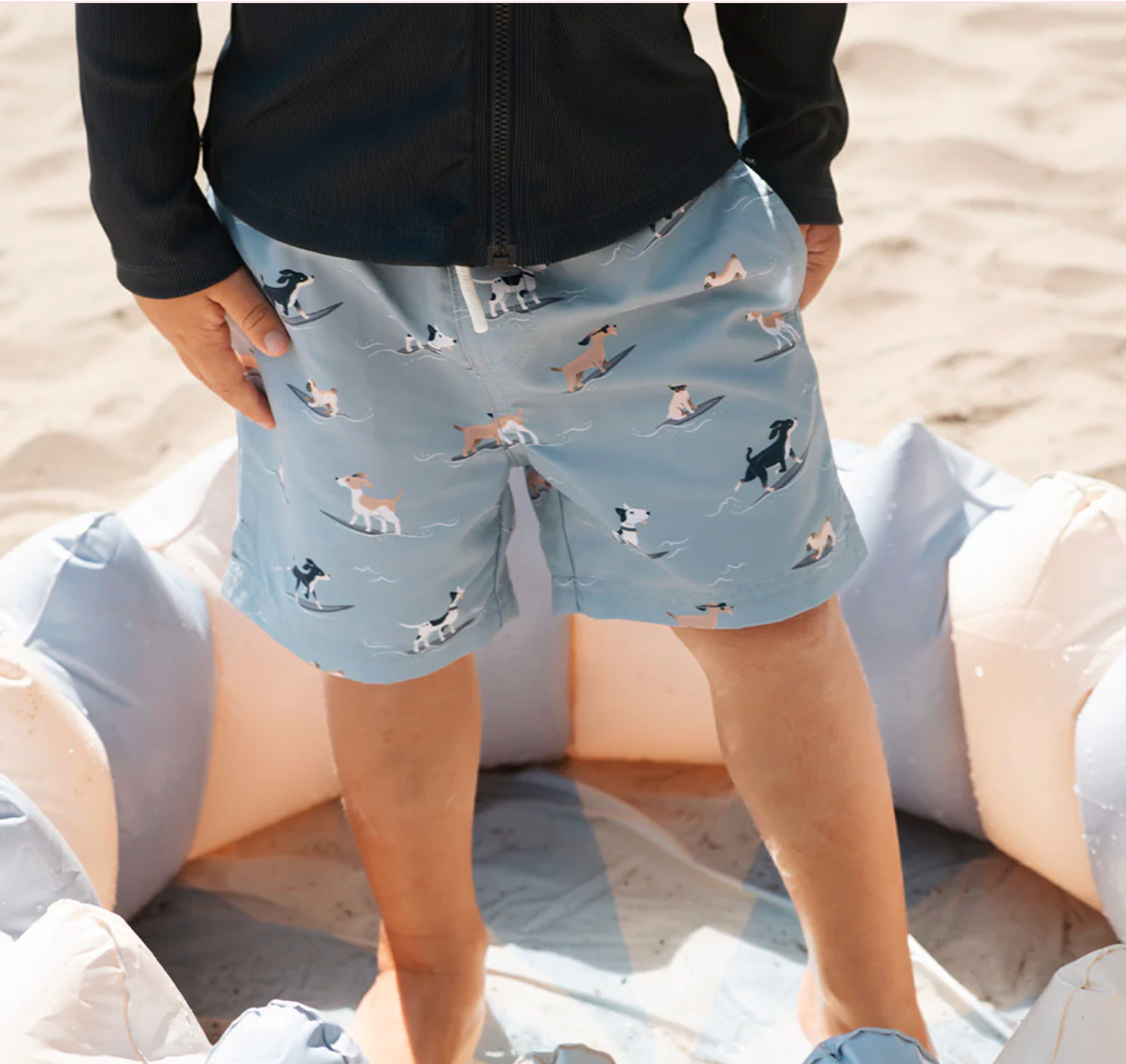 Surfing Pups Print on Blue Swim Trunks from Anderson Parker