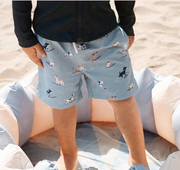 Surfing Pups Print on Blue Swim Trunks from Anderson Parker