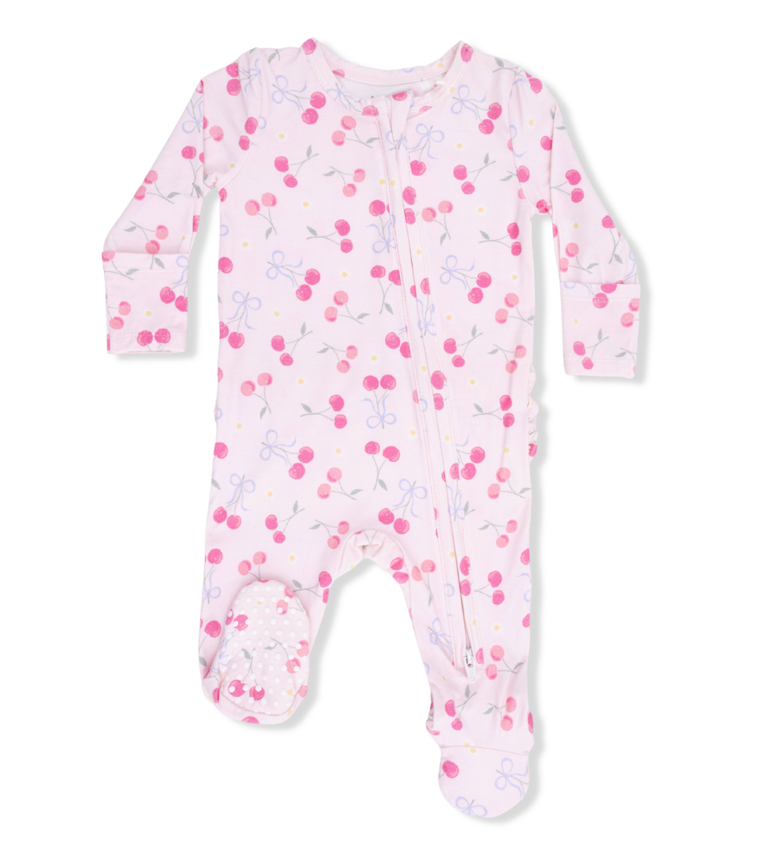 Sweet Bow Cherries - 2 Way Ruffle Back Zipper Footie from Anderson Parker