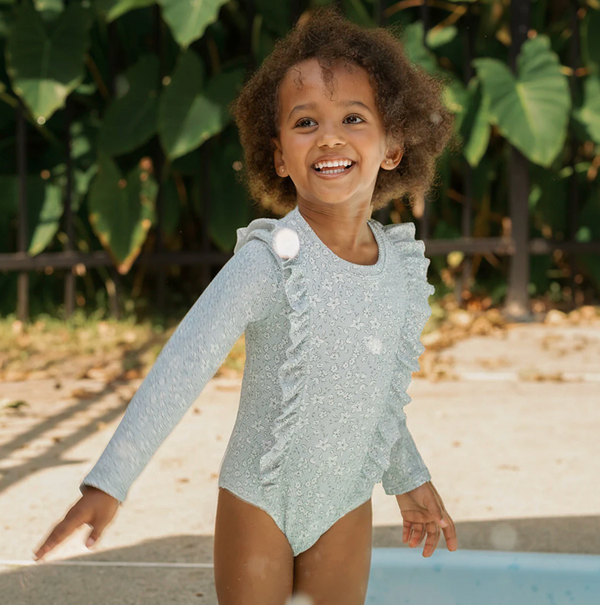 Vintage Flowers Print on Powder Blue Long-Sleeve One-Piece Swimsuit from Anderson Parker