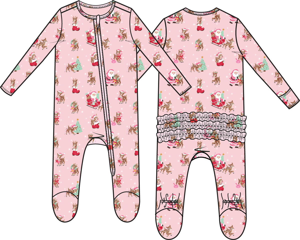 Vintage Reindeer & Santa Pink - 2 Way Ruffle Back Zipper Footie from Anderson Parker