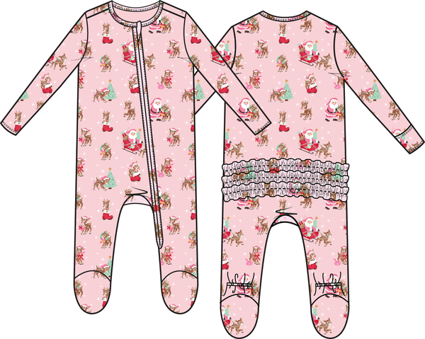 Vintage Reindeer & Santa Pink - 2 Way Ruffle Back Zipper Footie from Anderson Parker