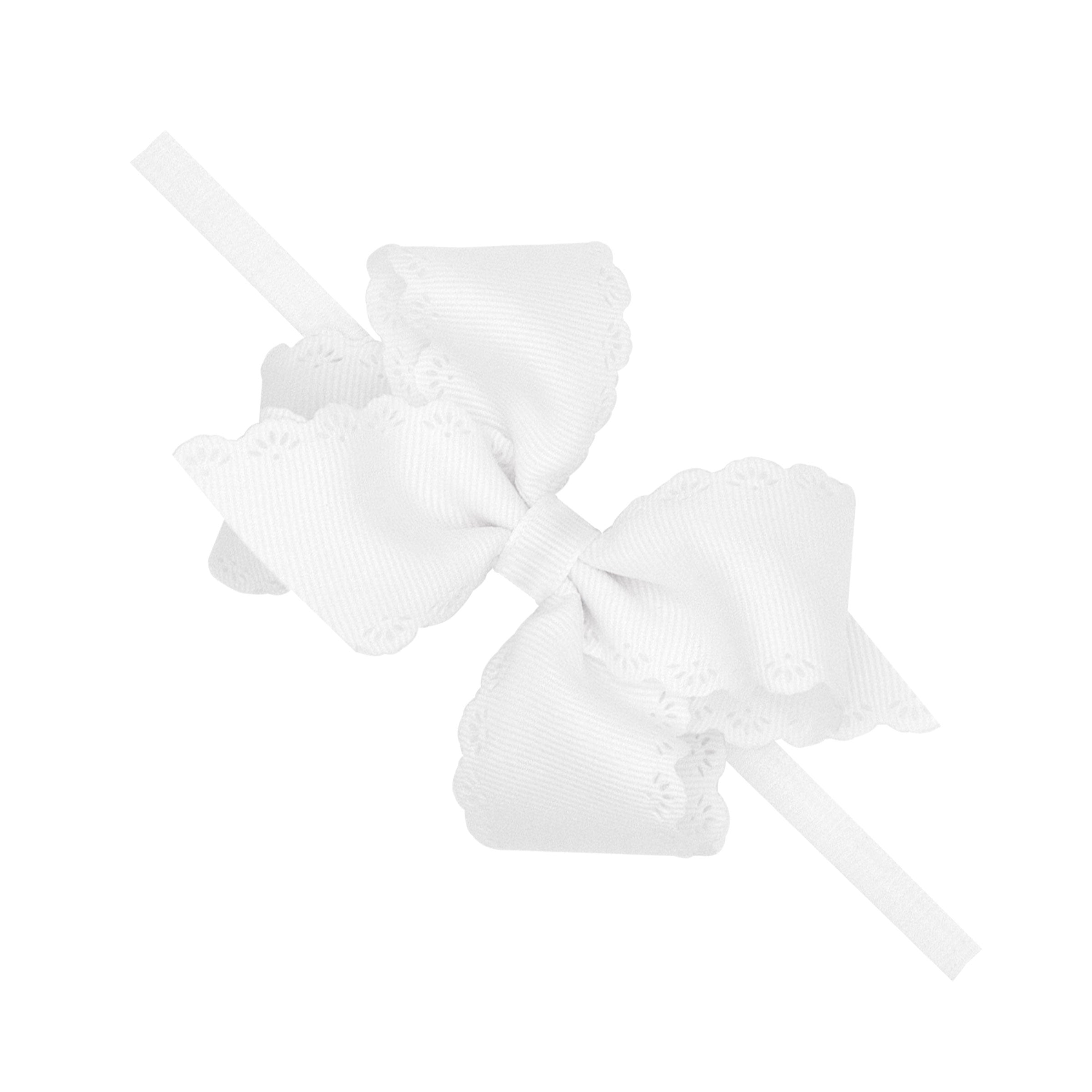 White - Small Grosgrain Hair Bow with Embossed Eyelet Edge on White Nylon Band from Anderson Parker