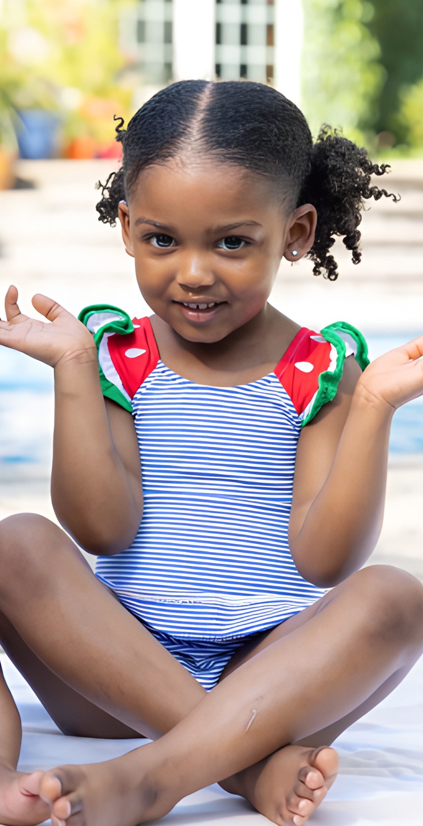 Girl in watermelon seersucker swimsuit
