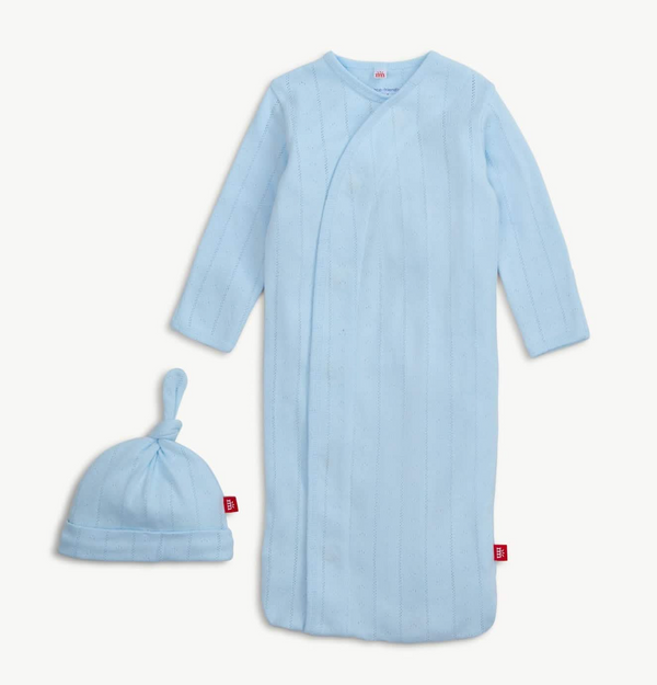 love lines blue organic cotton pointelle magnetic cozy sleeper gown + hat set from Anderson Parker