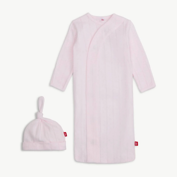 love lines pink organic cotton pointelle magnetic cozy sleeper gown + hat set from Anderson Parker