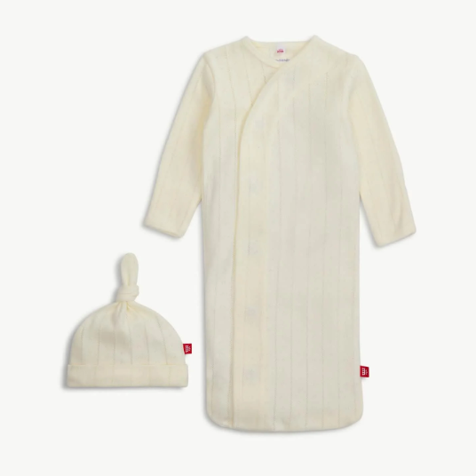 love lines tofu organic cotton pointelle magnetic cozy sleeper gown + hat set from Anderson Parker